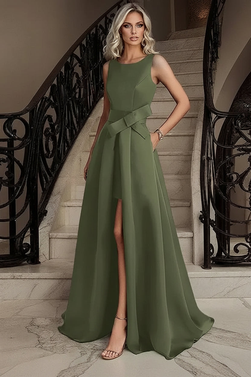Elegant A-Line Scoop Neck Slit Satin Olive Green High-Low Prom Dress With Pocket
