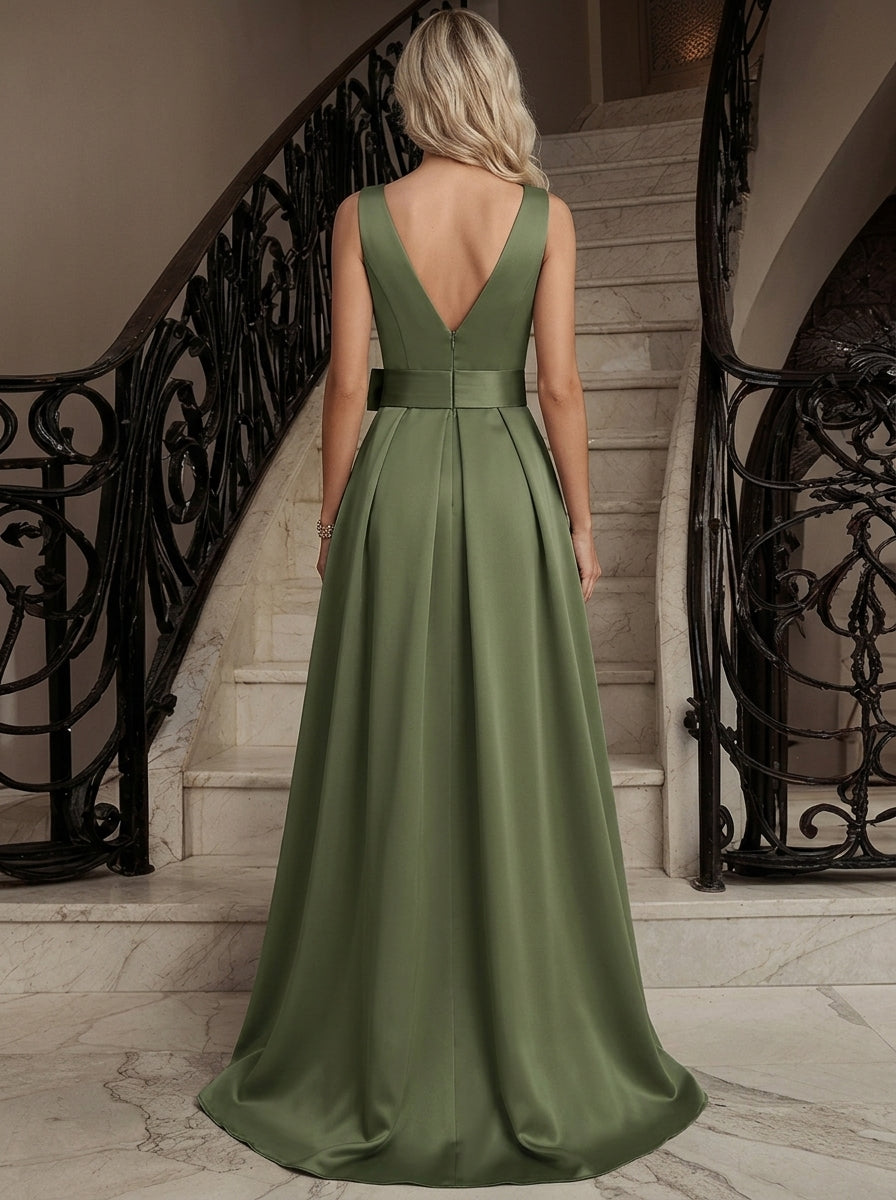 Elegant A-Line Scoop Neck Slit Satin Olive Green High-Low Prom Dress With Pocket