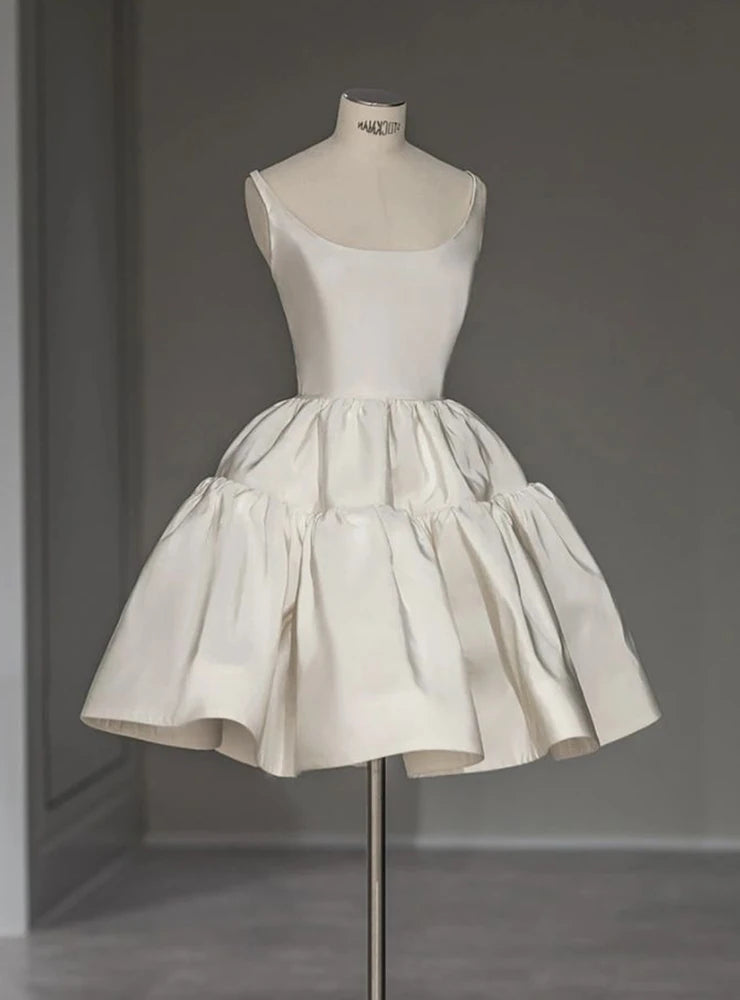 Elegant A-Line Scoop Neck Tiered Satin Ivory Mini Homecoming Dress For Ladies