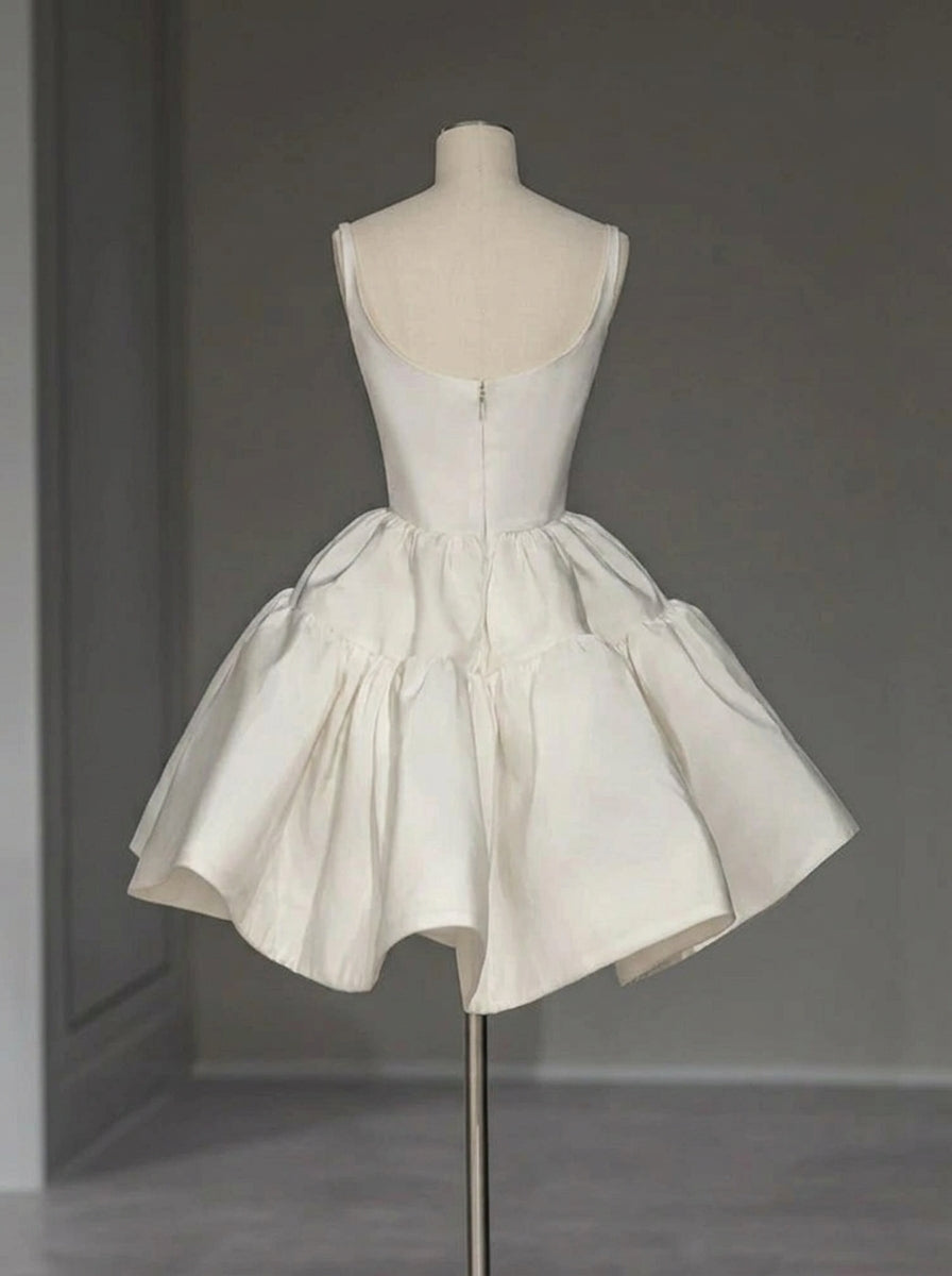 Elegant A-Line Scoop Neck Tiered Satin Ivory Mini Homecoming Dress For Ladies