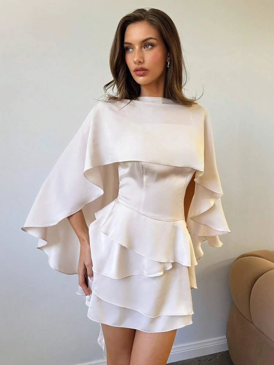 Elegant A-Line Spaghetti Straps Cape Ruffled Champagne Mini Homecoming Dress
