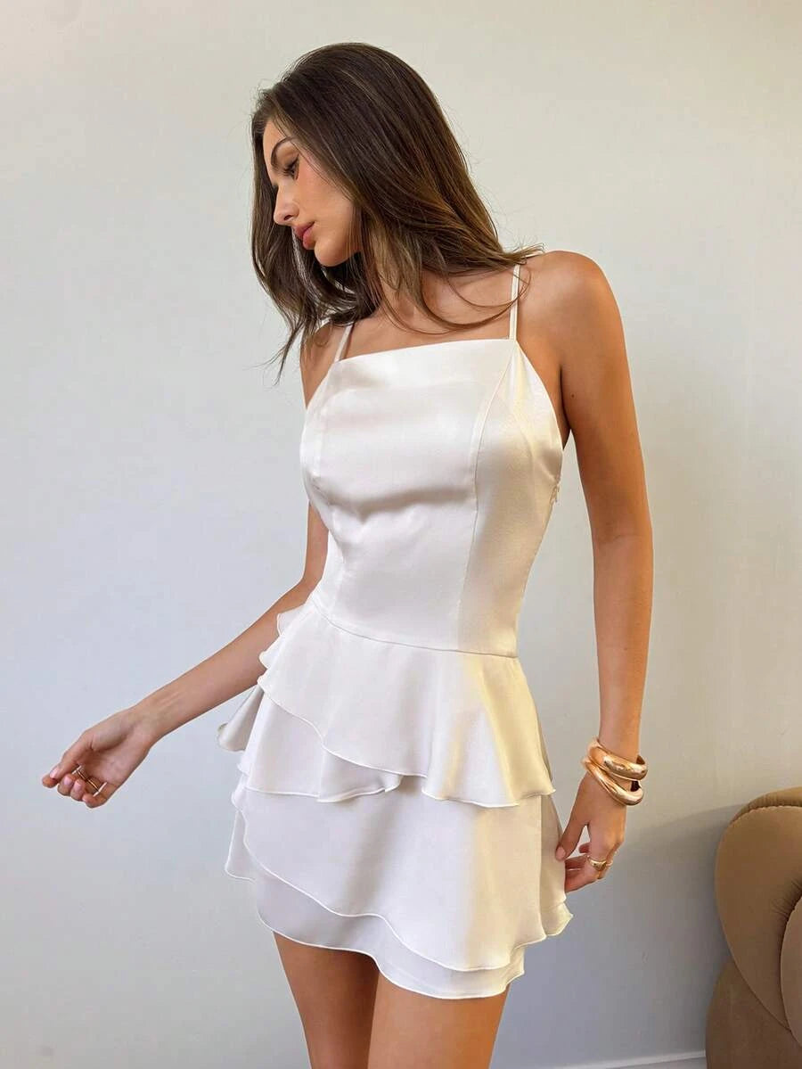 Elegant A-Line Spaghetti Straps Cape Ruffled Champagne Mini Homecoming Dress