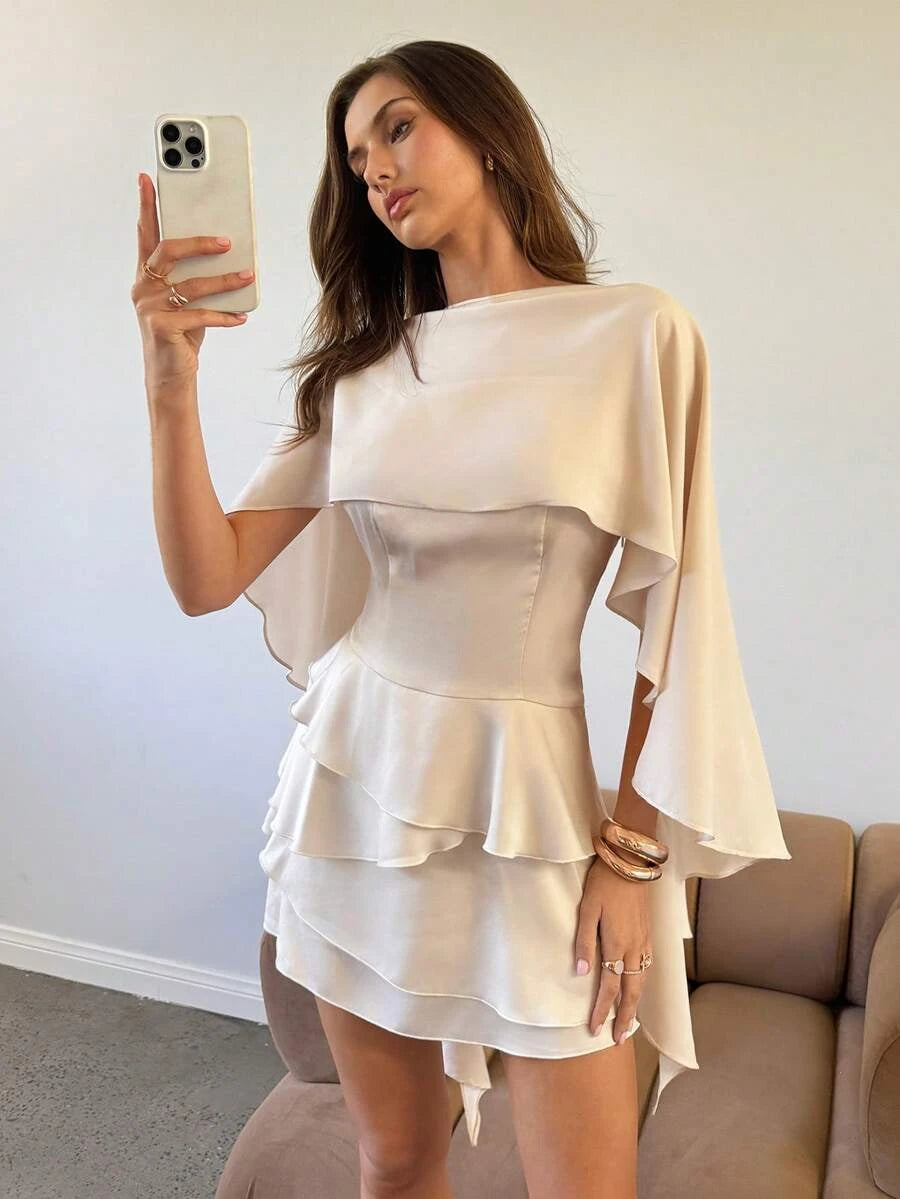 Elegant A-Line Spaghetti Straps Cape Ruffled Champagne Mini Homecoming Dress