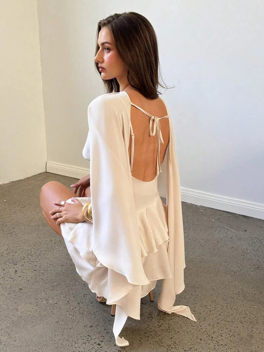 Elegant A-Line Spaghetti Straps Cape Ruffled Champagne Mini Homecoming Dress