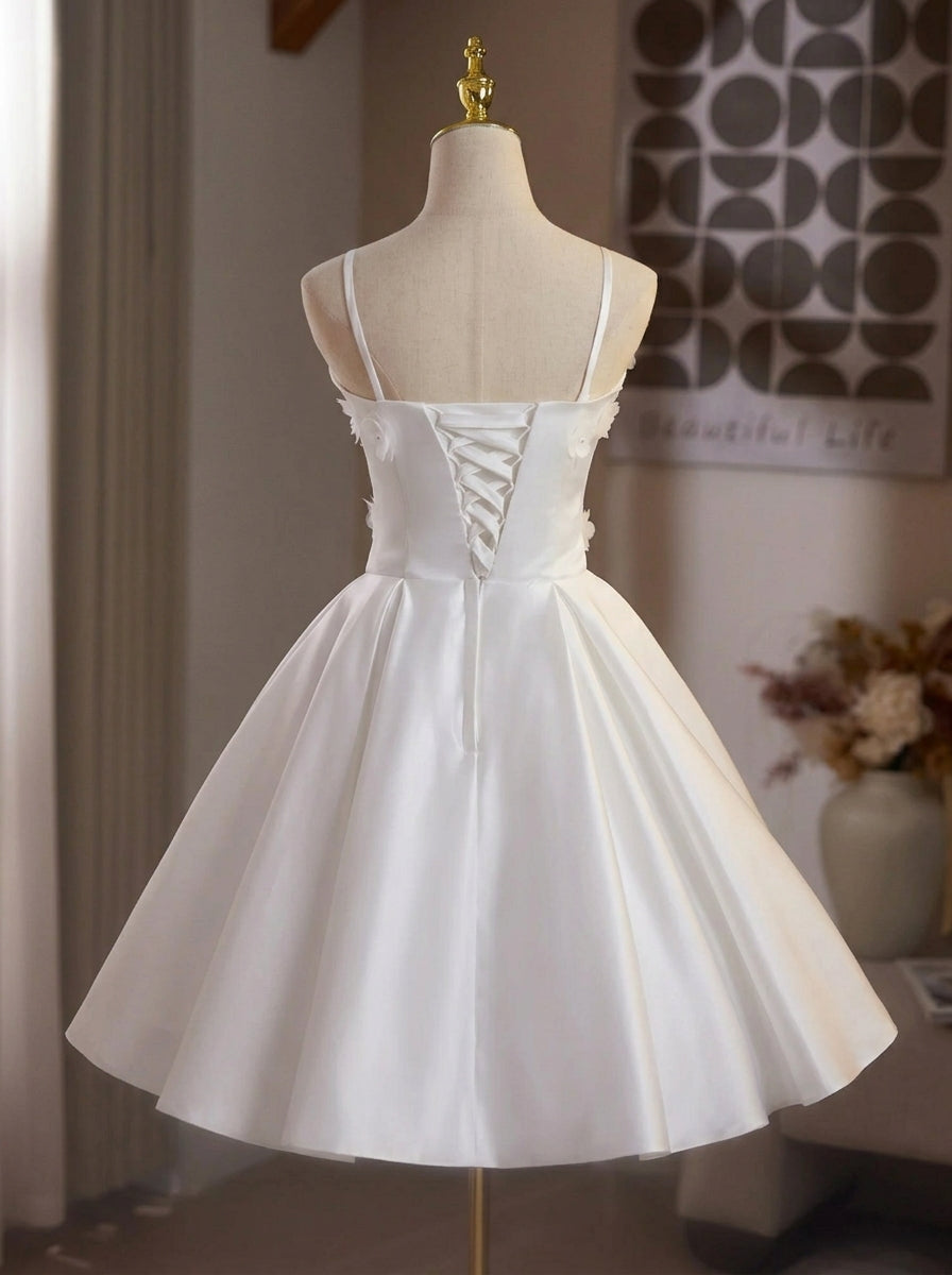 Elegant A-Line Spaghetti Straps Floral Pearl Satin White Short Homecoming Dresses