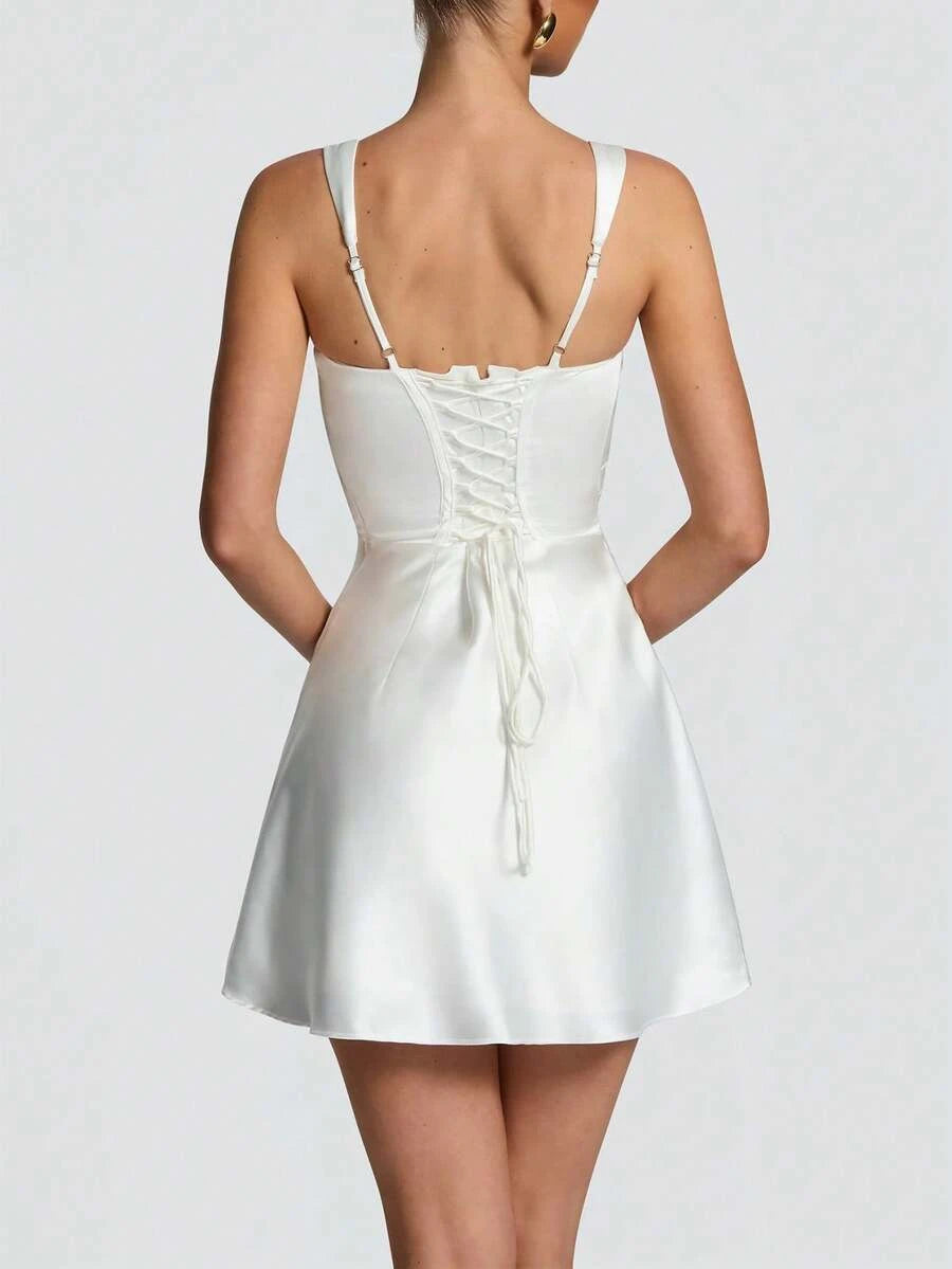 Elegant A-Line Square Neck Corset Ruched Lace-Up White Mini Homecoming Dress