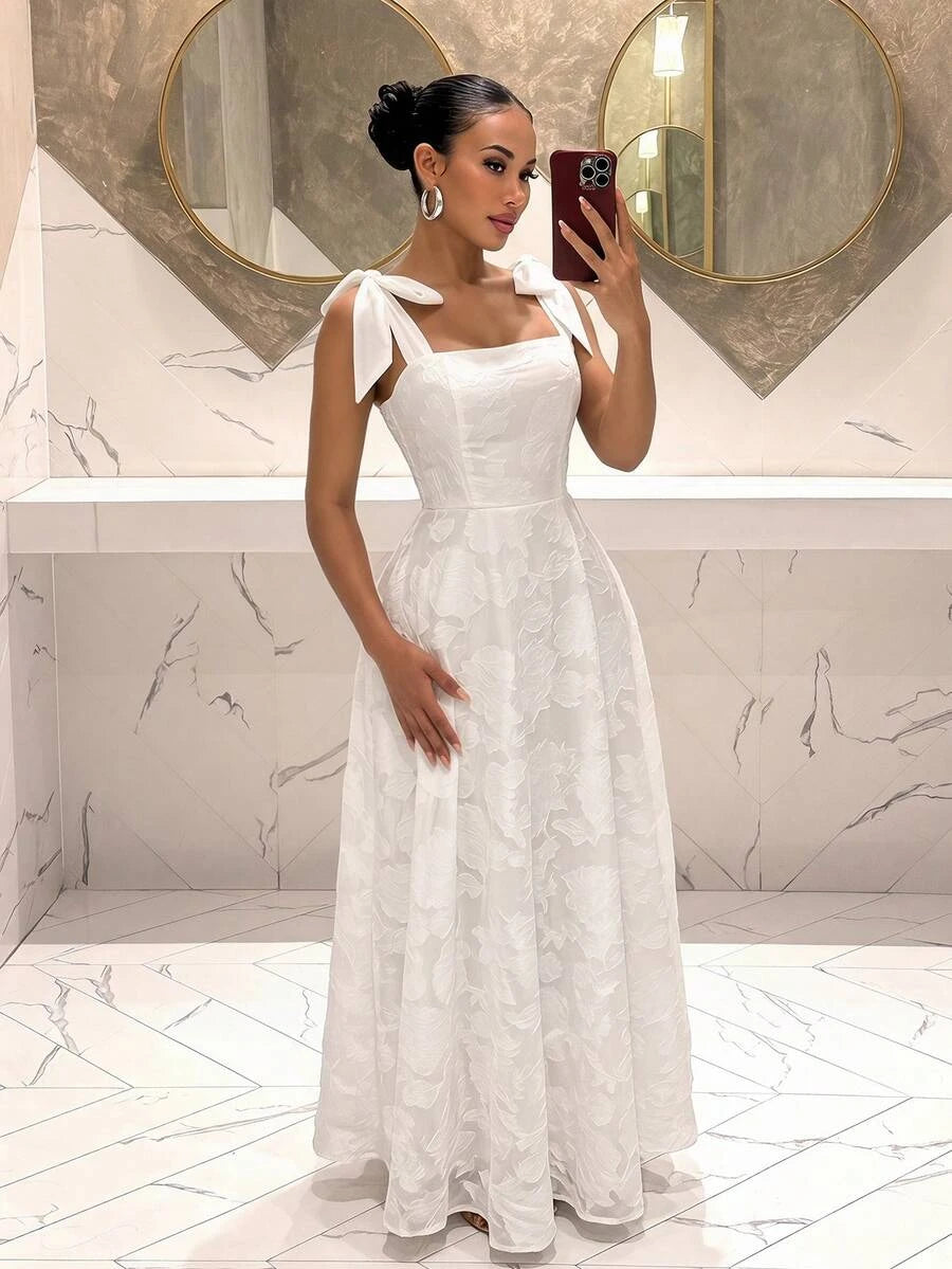 Elegant A-Line Square Neck Floral Textured Bow Tie White Floor-Length Prom Dress
