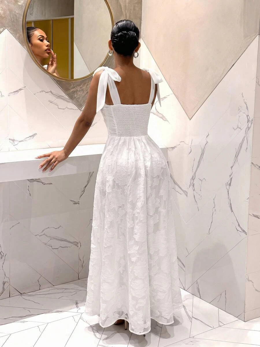 Elegant A-Line Square Neck Floral Textured Bow Tie White Floor-Length Prom Dress