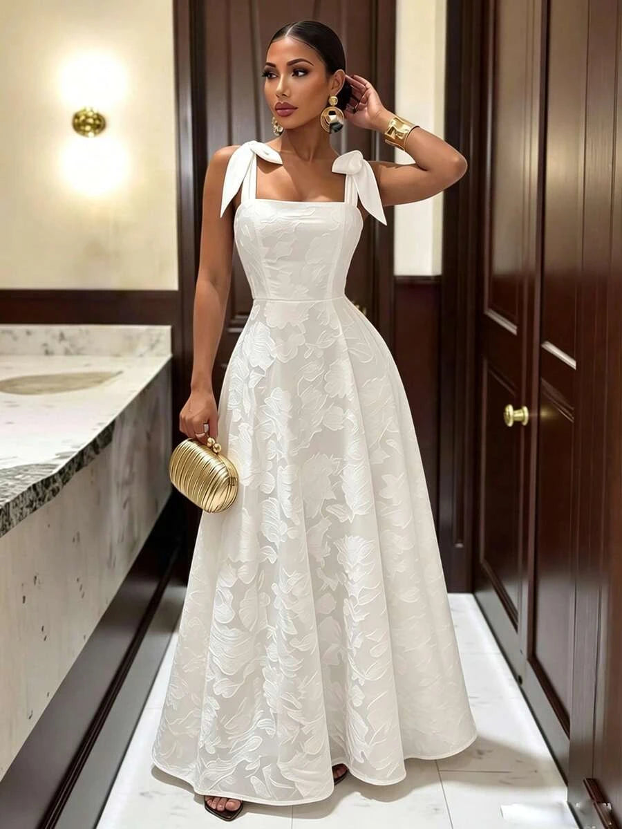 Elegant A-Line Square Neck Floral Textured Bow Tie White Floor-Length Prom Dress