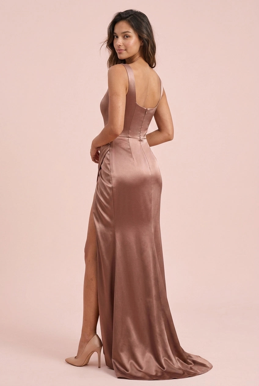 Elegant A-Line Square Neck High Slit Draped Dusty Rose Floor-Length Prom Dress
