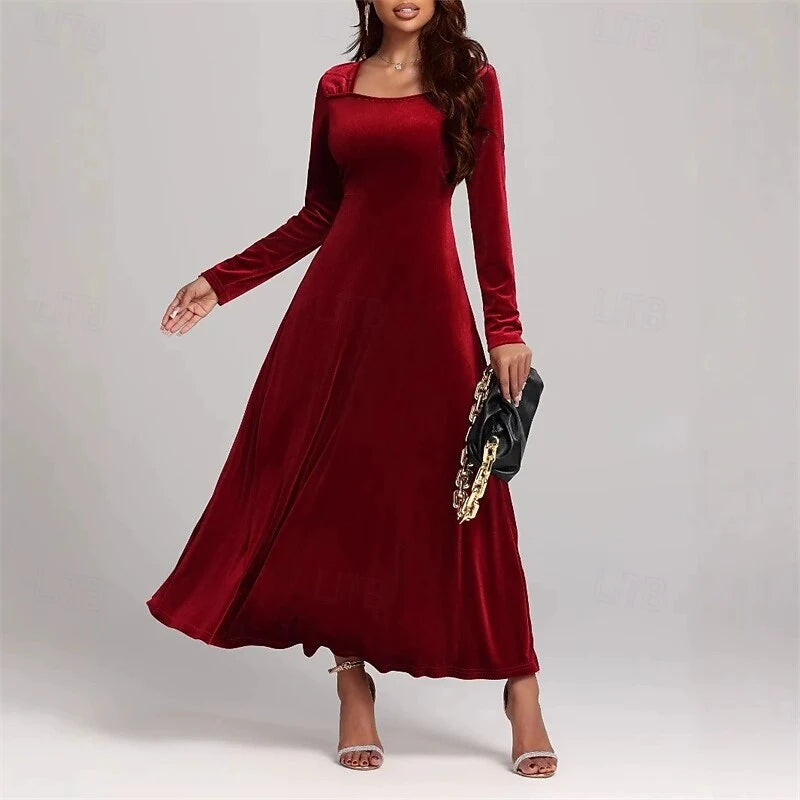 Elegant A-Line Square Neck Long Sleeve Classic Modest Burgundy Floor-Length Wedding Dress