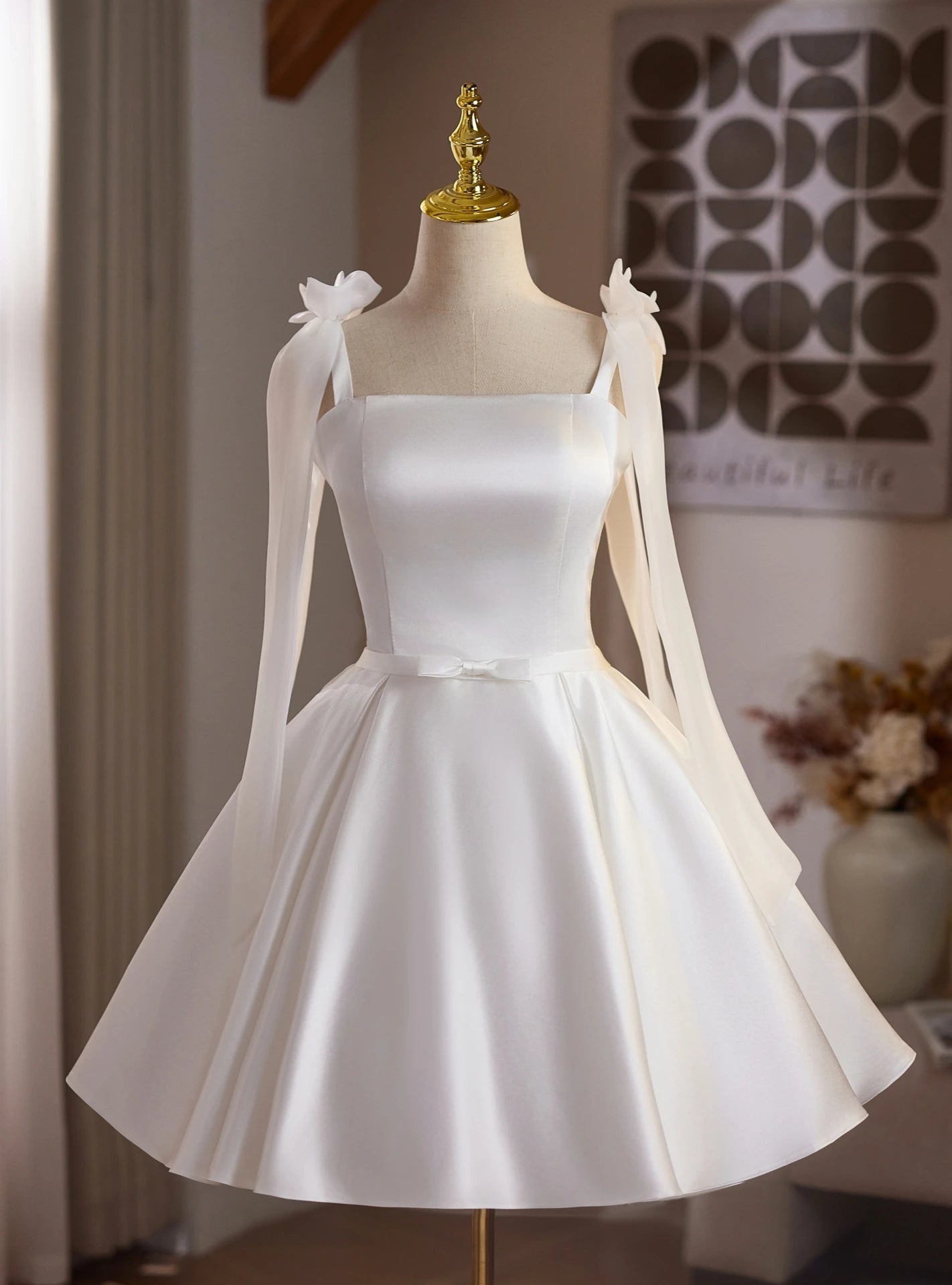 Elegant A-Line Square Neck Ribbon Strap Bow Satin White Short Homecoming Dresses
