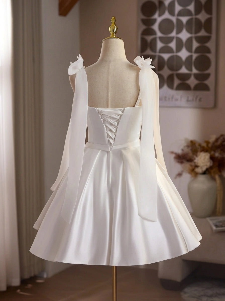 Elegant A-Line Square Neck Ribbon Strap Bow Satin White Short Homecoming Dresses