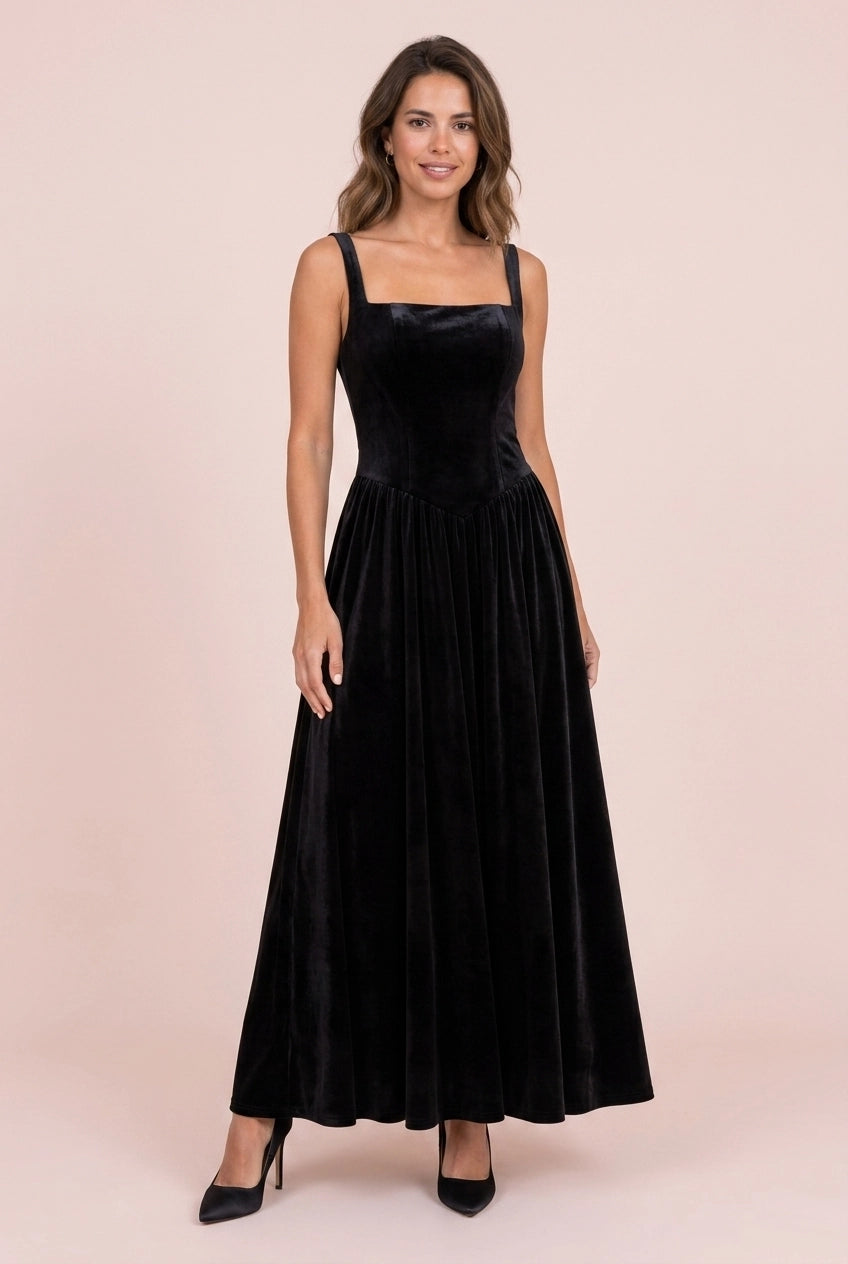 Elegant A-Line Square Neck Sleeveless Velvet Black Long Formal Prom Dress