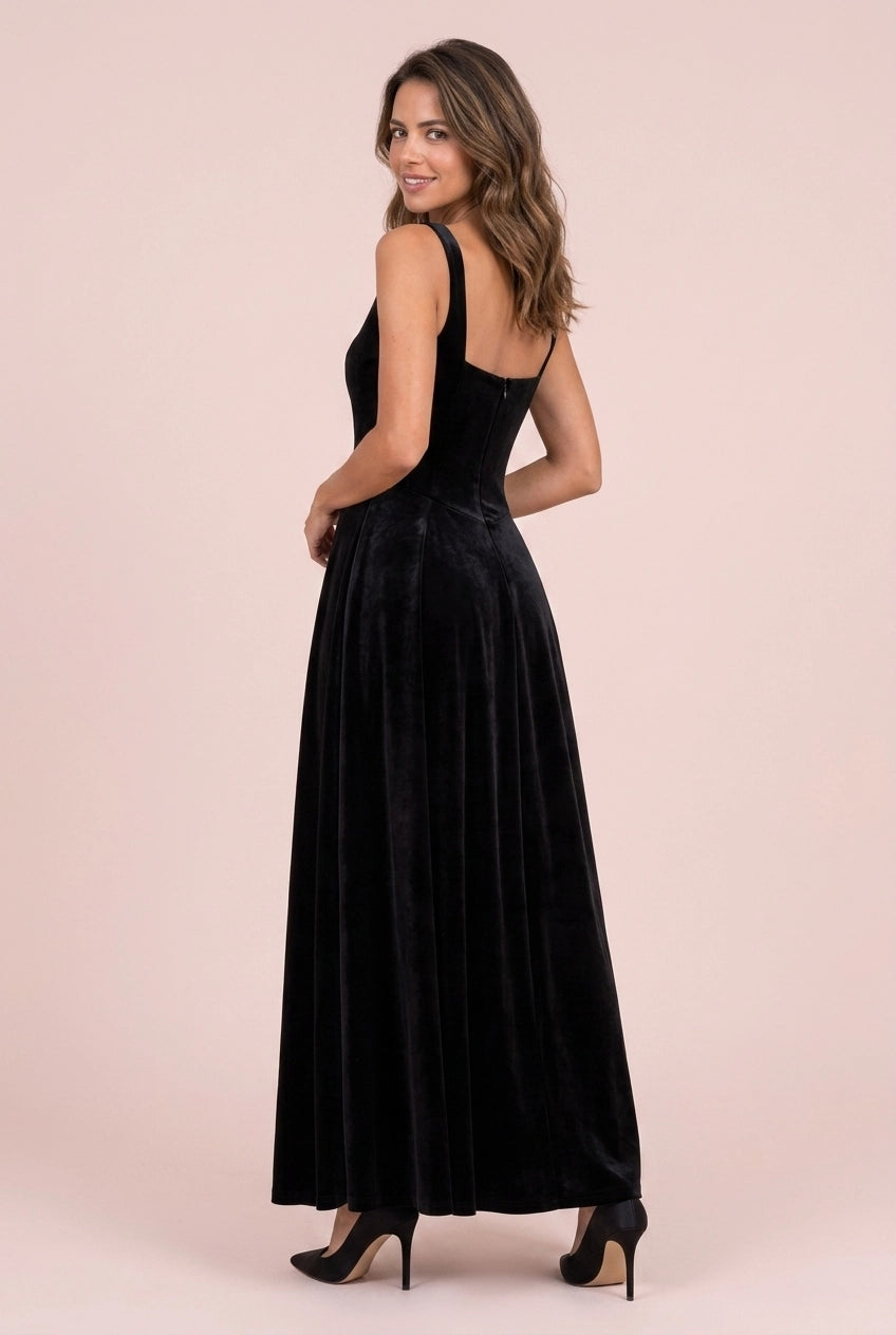 Elegant A-Line Square Neck Sleeveless Velvet Black Long Formal Prom Dress