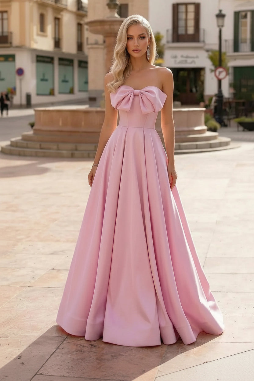 Elegant A-Line Strapless Bow Pleated Satin Pink Floor-Length Prom Dress