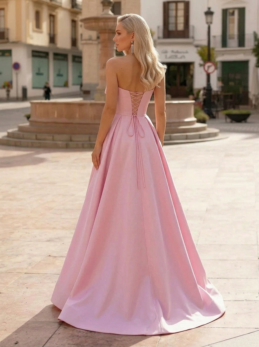 Elegant A-Line Strapless Bow Pleated Satin Pink Floor-Length Prom Dress