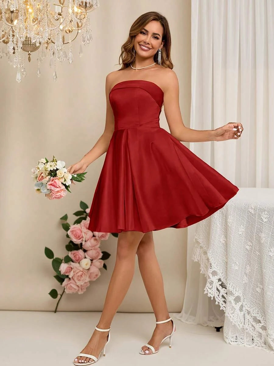 Elegant A-Line Strapless Pleated Satin Burgundy Mini Homecoming Dress With Pockets