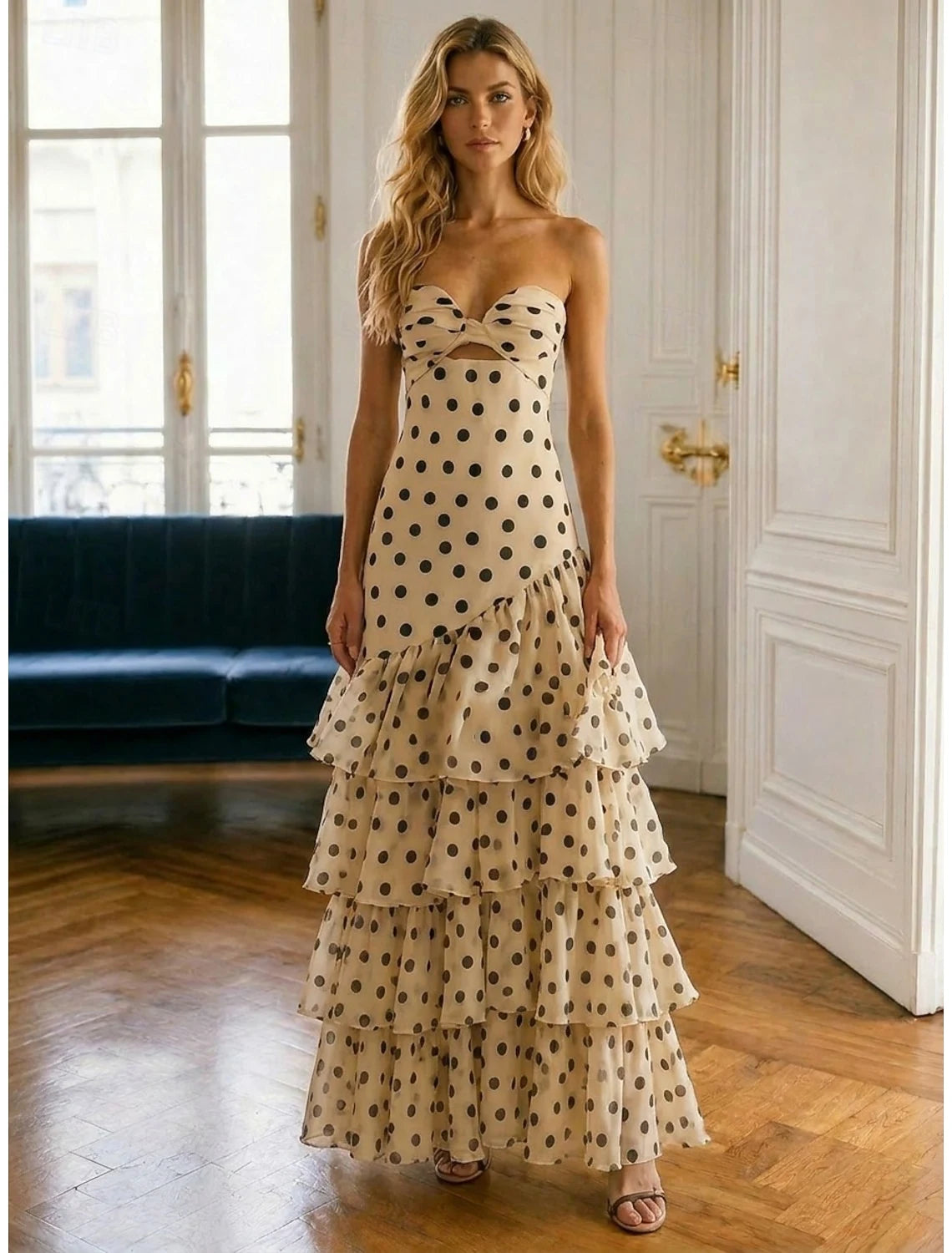 Elegant A-Line Strapless Tiered Ruffle Cutout Polka Dot Beige Floor-Length Prom Dress