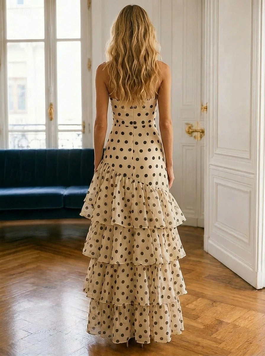 Elegant A-Line Strapless Tiered Ruffle Cutout Polka Dot Beige Floor-Length Prom Dress