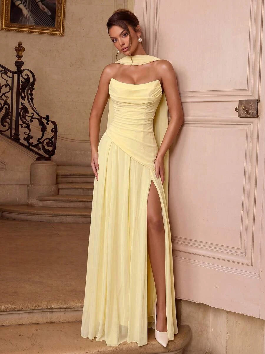Elegant A-Line Strapless Ruched High Slit Light Yellow Floor-Length Prom Dress With Scarf