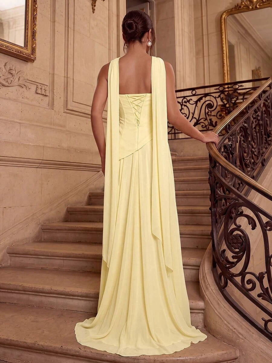 Elegant A-Line Strapless Ruched High Slit Light Yellow Floor-Length Prom Dress With Scarf
