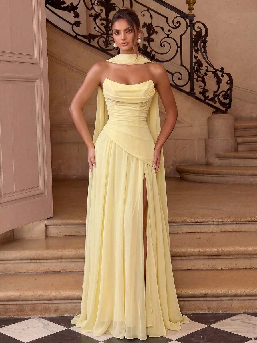 Elegant A-Line Strapless Ruched High Slit Light Yellow Floor-Length Prom Dress With Scarf