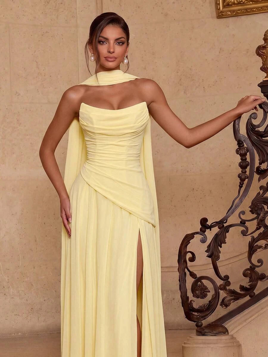 Elegant A-Line Strapless Ruched High Slit Light Yellow Floor-Length Prom Dress With Scarf