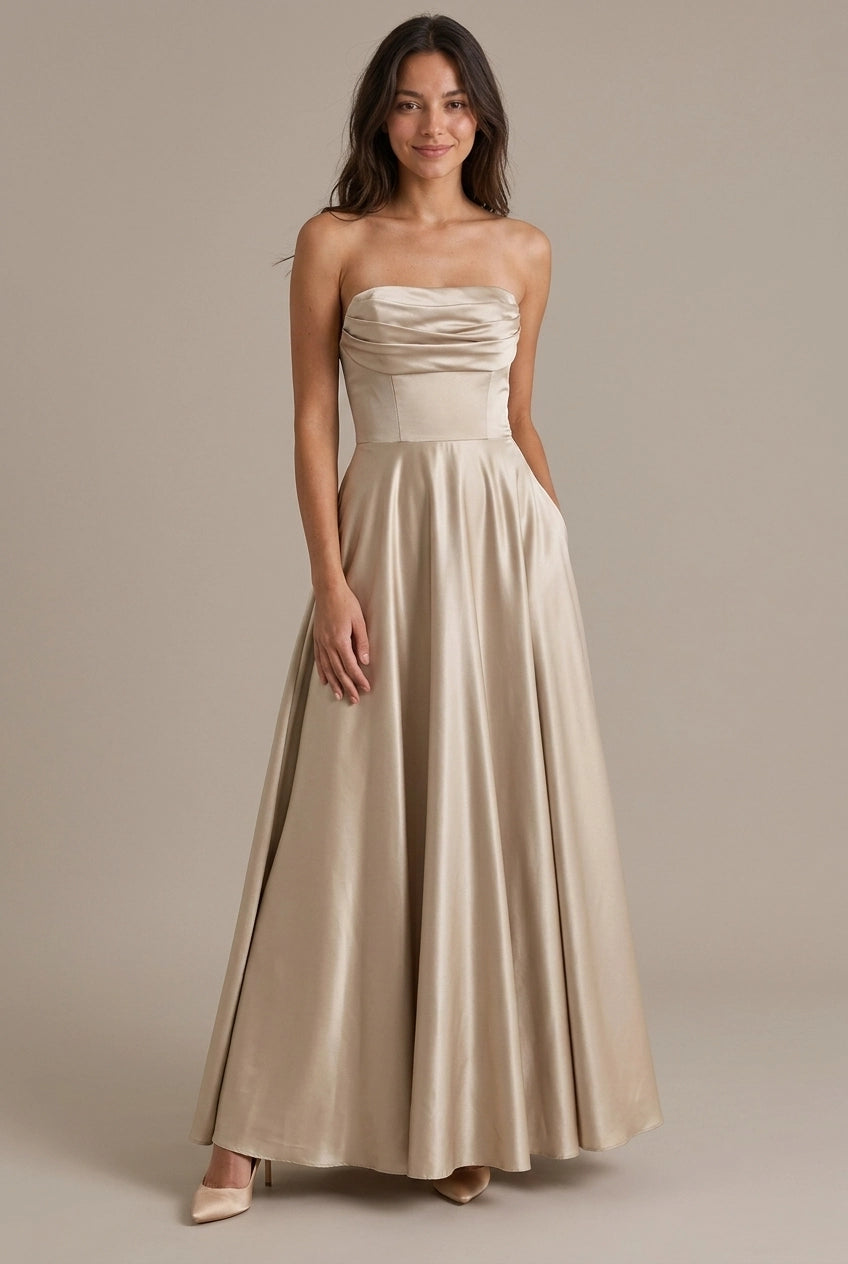 Elegant A-Line Strapless Ruched Satin Champagne Floor-Length Prom Dress With Pockets
