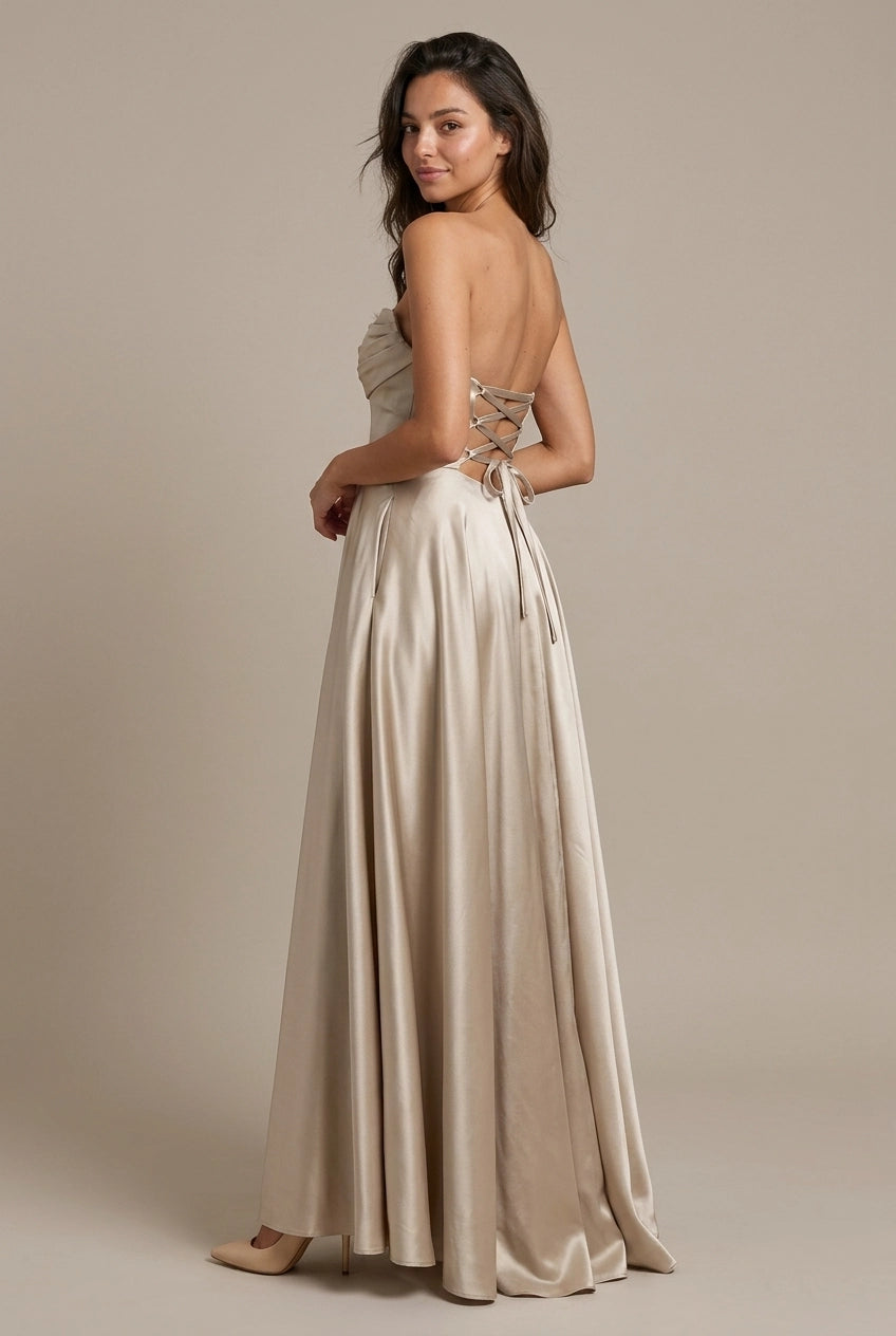 Elegant A-Line Strapless Ruched Satin Champagne Floor-Length Prom Dress With Pockets