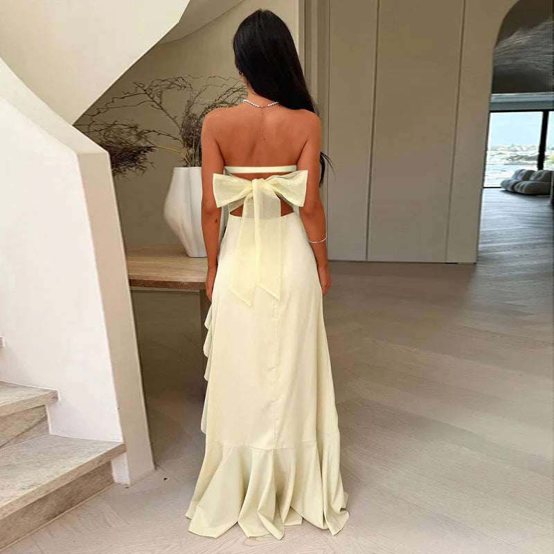 Elegant A-Line Strapless Ruffled Slit Pale Yellow Floor-Length Prom Dress Hot Sale