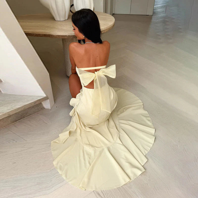 Elegant A-Line Strapless Ruffled Slit Pale Yellow Floor-Length Prom Dress Hot Sale