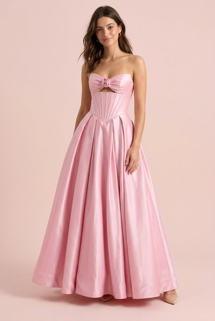 Elegant A-Line Strapless Sweetheart Corset Pleated Satin Blush Pink Floor-Length Prom Dress