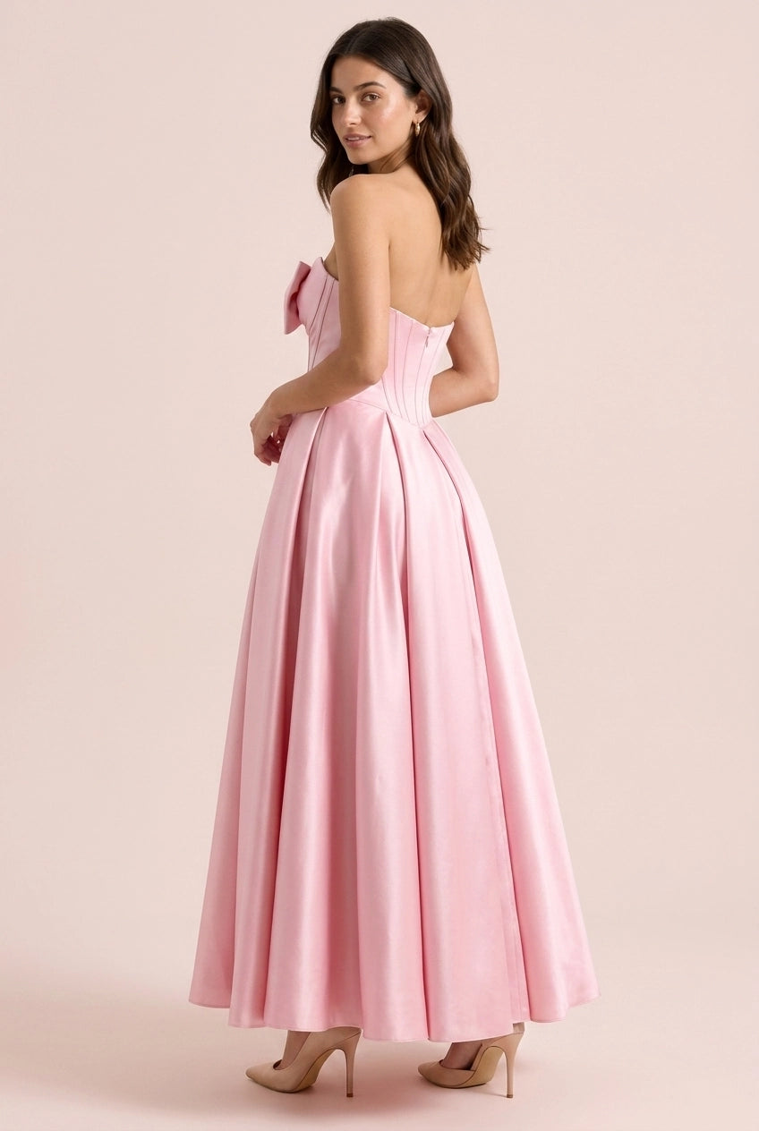 Elegant A-Line Strapless Sweetheart Corset Pleated Satin Blush Pink Floor-Length Prom Dress