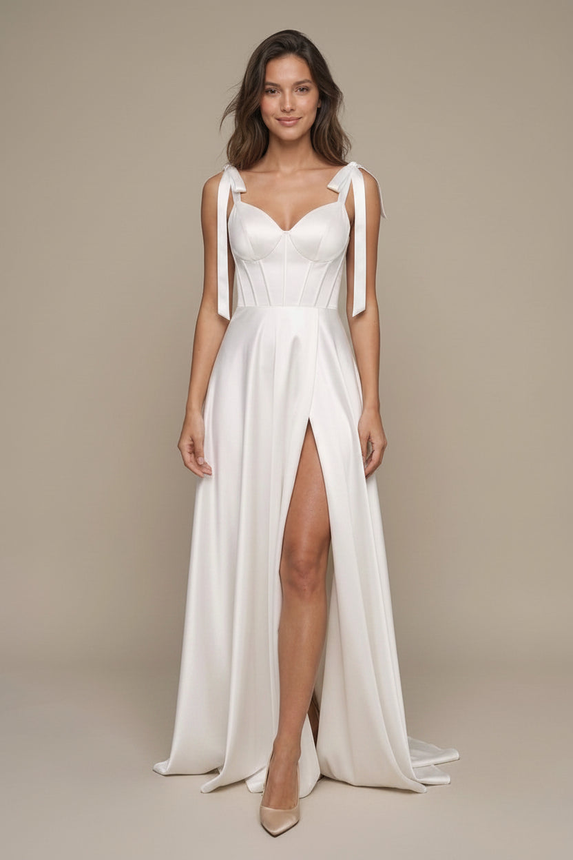 Elegant A-Line Sweetheart Bow-Strap Slit Satin Ivory Floor-Length Prom Dress