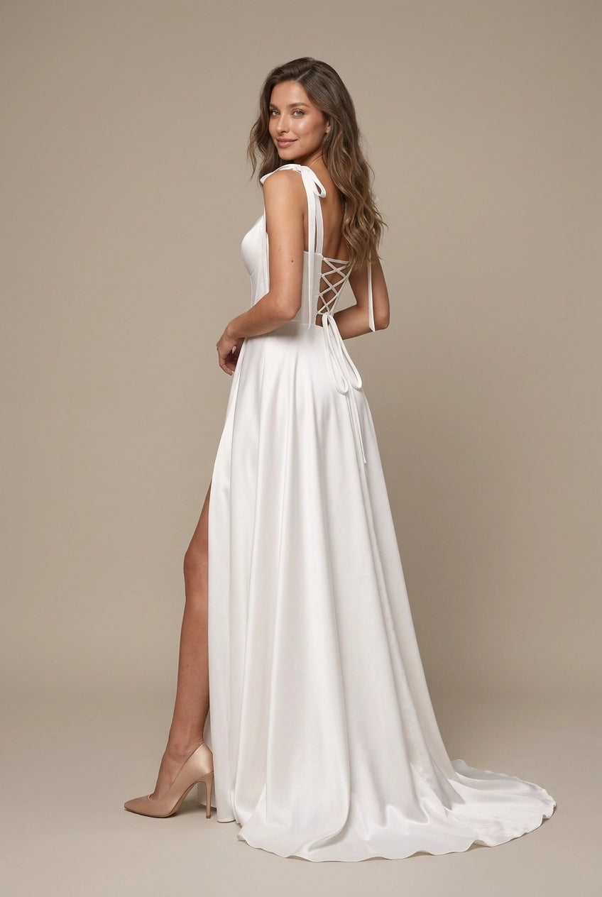 Elegant A-Line Sweetheart Bow-Strap Slit Satin Ivory Floor-Length Prom Dress