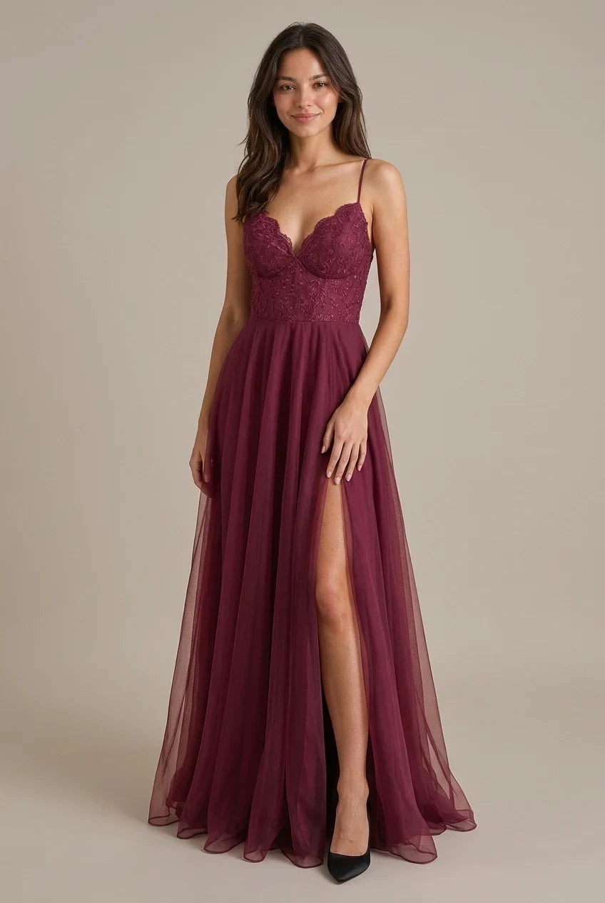 Elegant A-Line Sweetheart Corset Lace Bodice Slit Burgundy Floor-Length Prom Dress