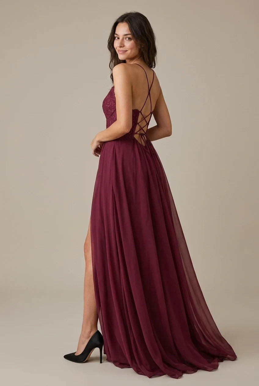 Elegant A-Line Sweetheart Corset Lace Bodice Slit Burgundy Floor-Length Prom Dress