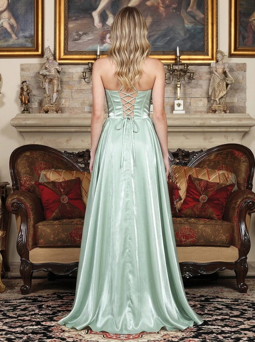 Elegant A-Line Sweetheart Corset Ruched Slit Sage Green Floor-Length Prom Dress