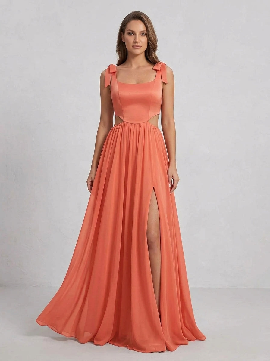 Elegant A-Line Sweetheart Cutout Waist High Slit Backless Coral Floor-Length Prom Dress