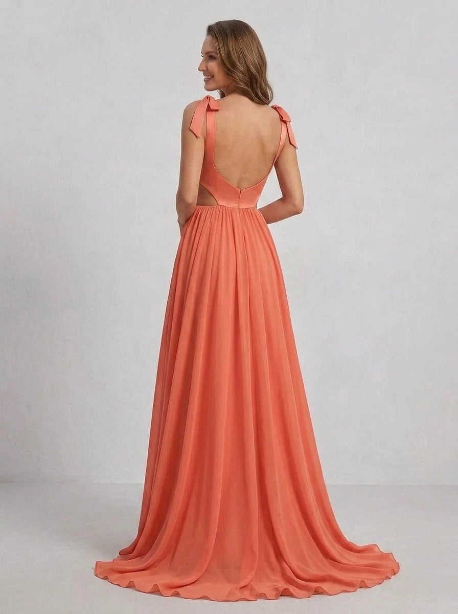 Elegant A-Line Sweetheart Cutout Waist High Slit Backless Coral Floor-Length Prom Dress