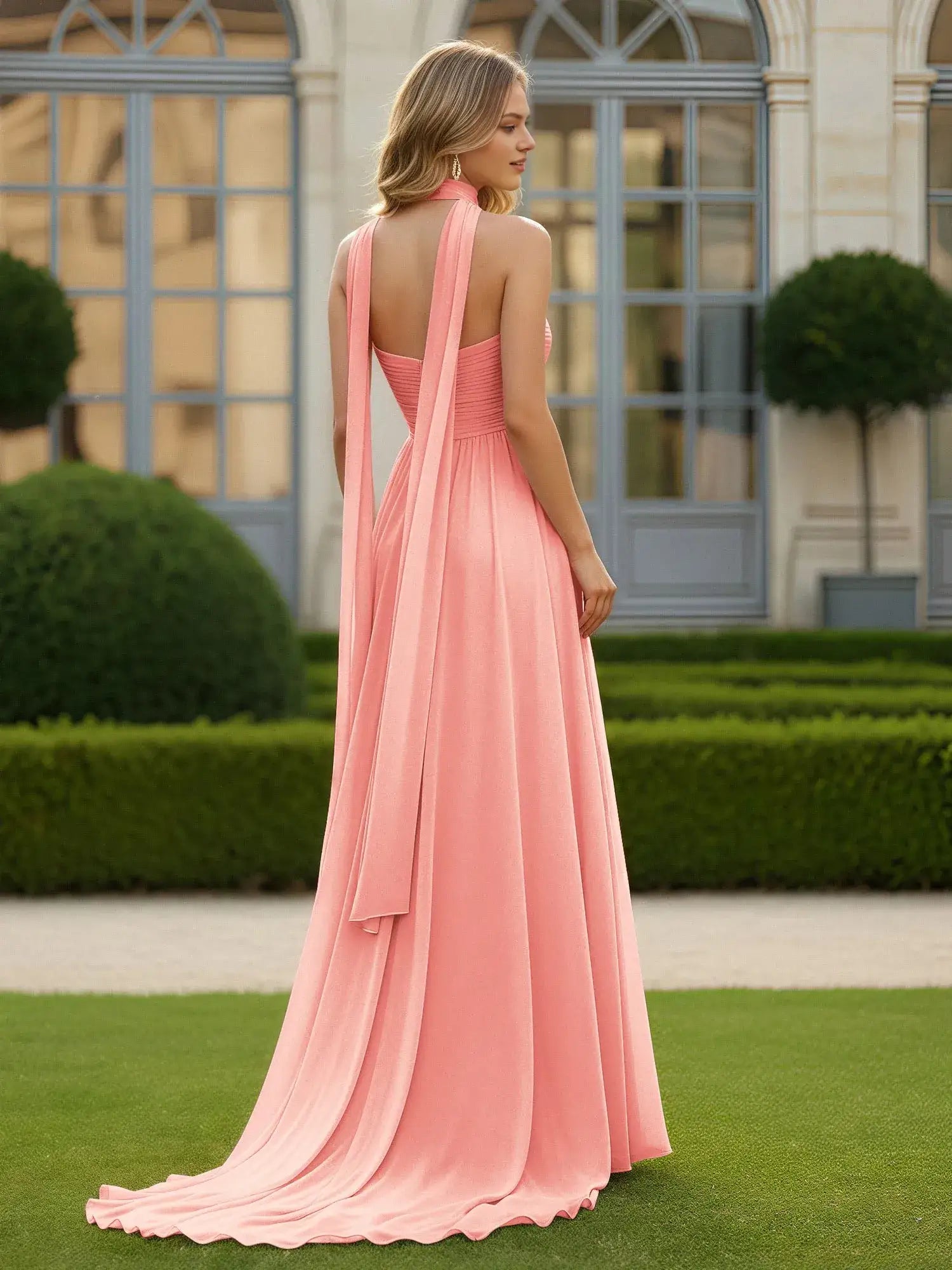 Elegant A-Line Sweetheart High Slit Flowy Coral Floor-Length Prom Dress With Scarf