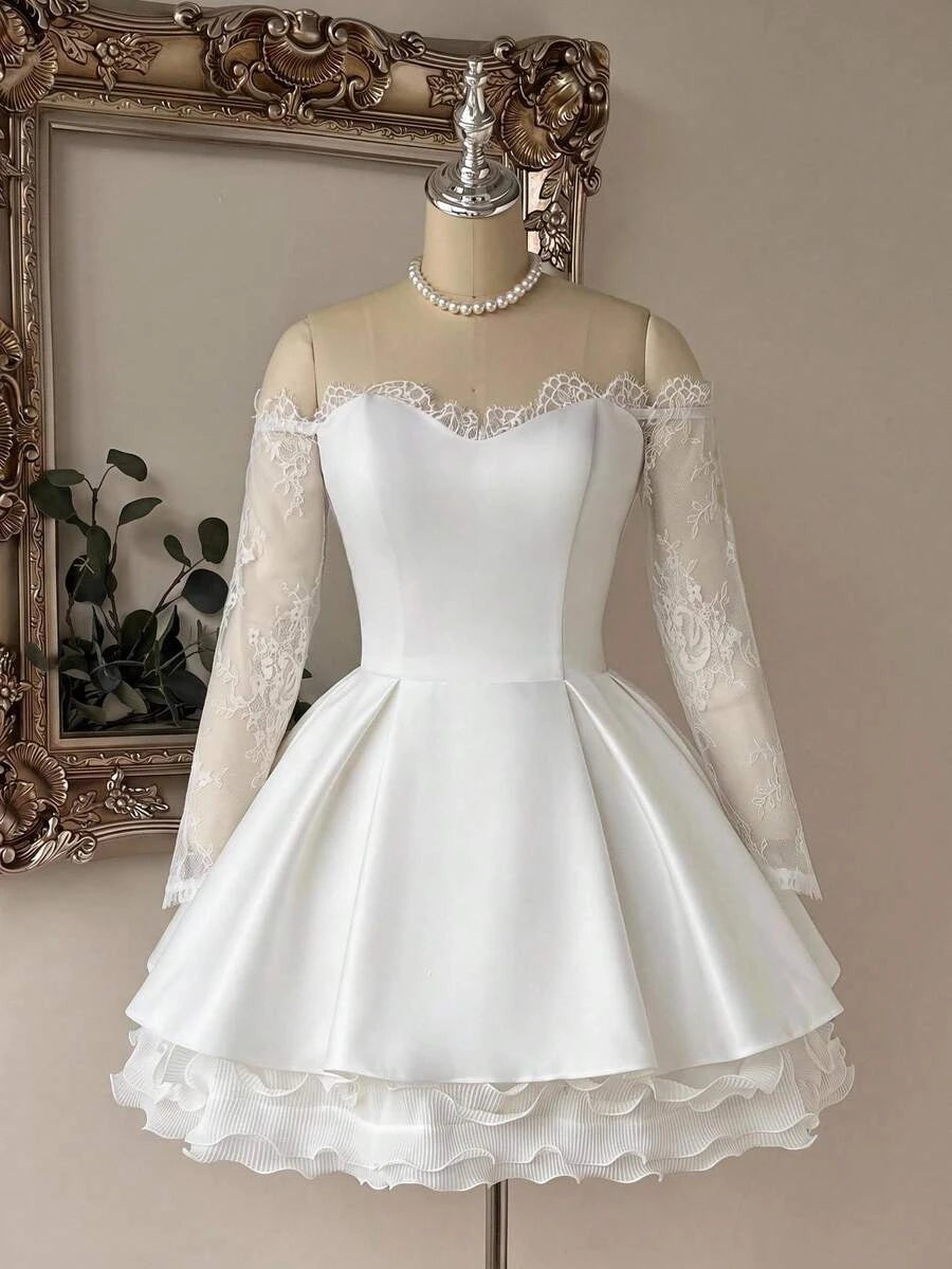 Elegant A-Line Sweetheart Long Sleeve Ruffle Lace Satin White Short Homecoming Dress