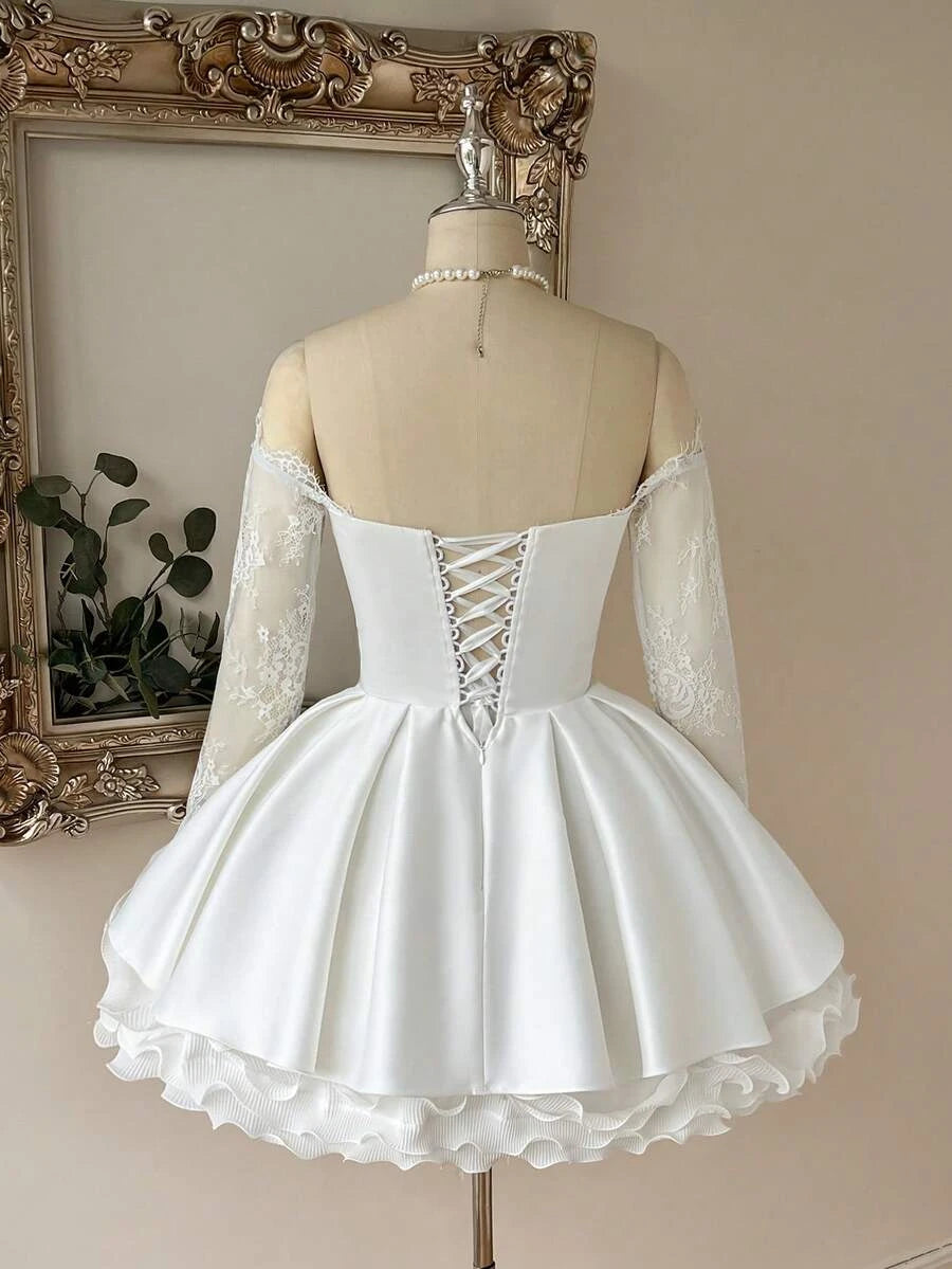 Elegant A-Line Sweetheart Long Sleeve Ruffle Lace Satin White Short Homecoming Dress