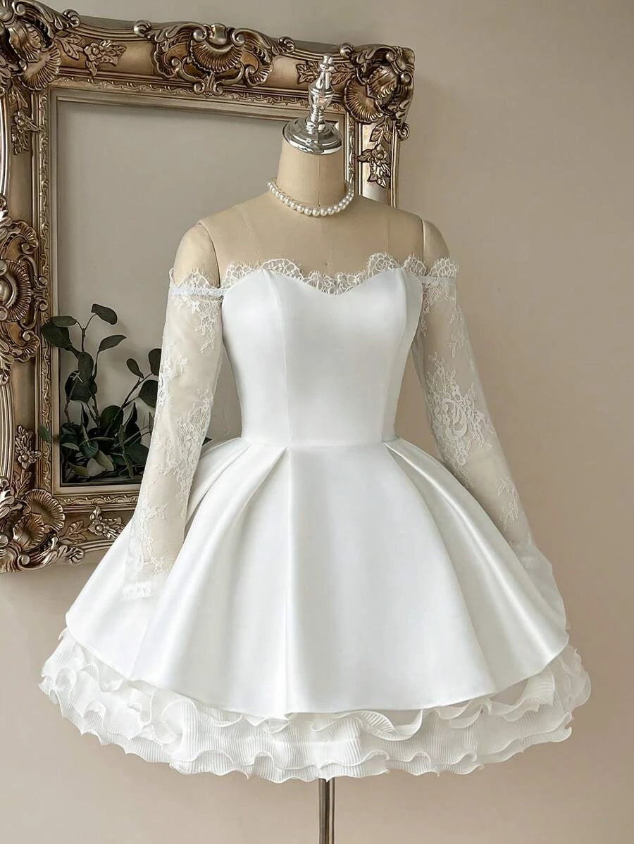 Elegant A-Line Sweetheart Long Sleeve Ruffle Lace Satin White Short Homecoming Dress