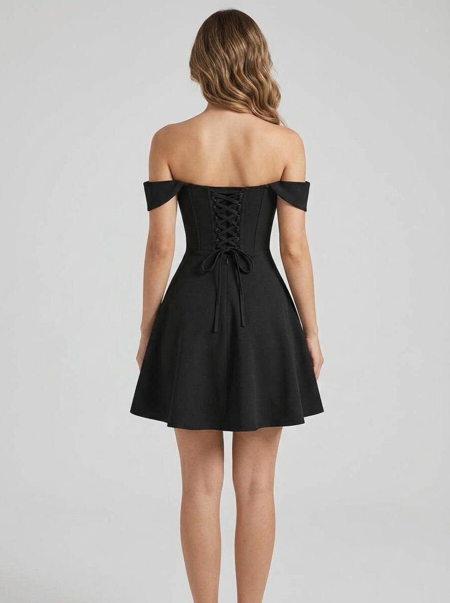 Elegant A-Line Sweetheart Off-Shoulder Corset Black Mini Homecoming Dress