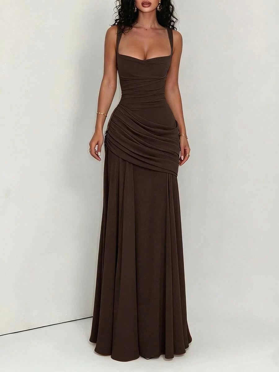 Elegant A-Line Sweetheart Pleated Sheer Brown Floor-Length Prom Dress Hot Sale