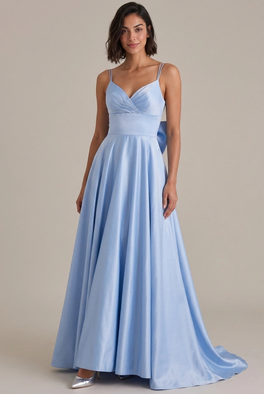 Elegant A-Line Sweetheart Ruched Bow Light Blue Floor-Length Prom Dress With Pockets
