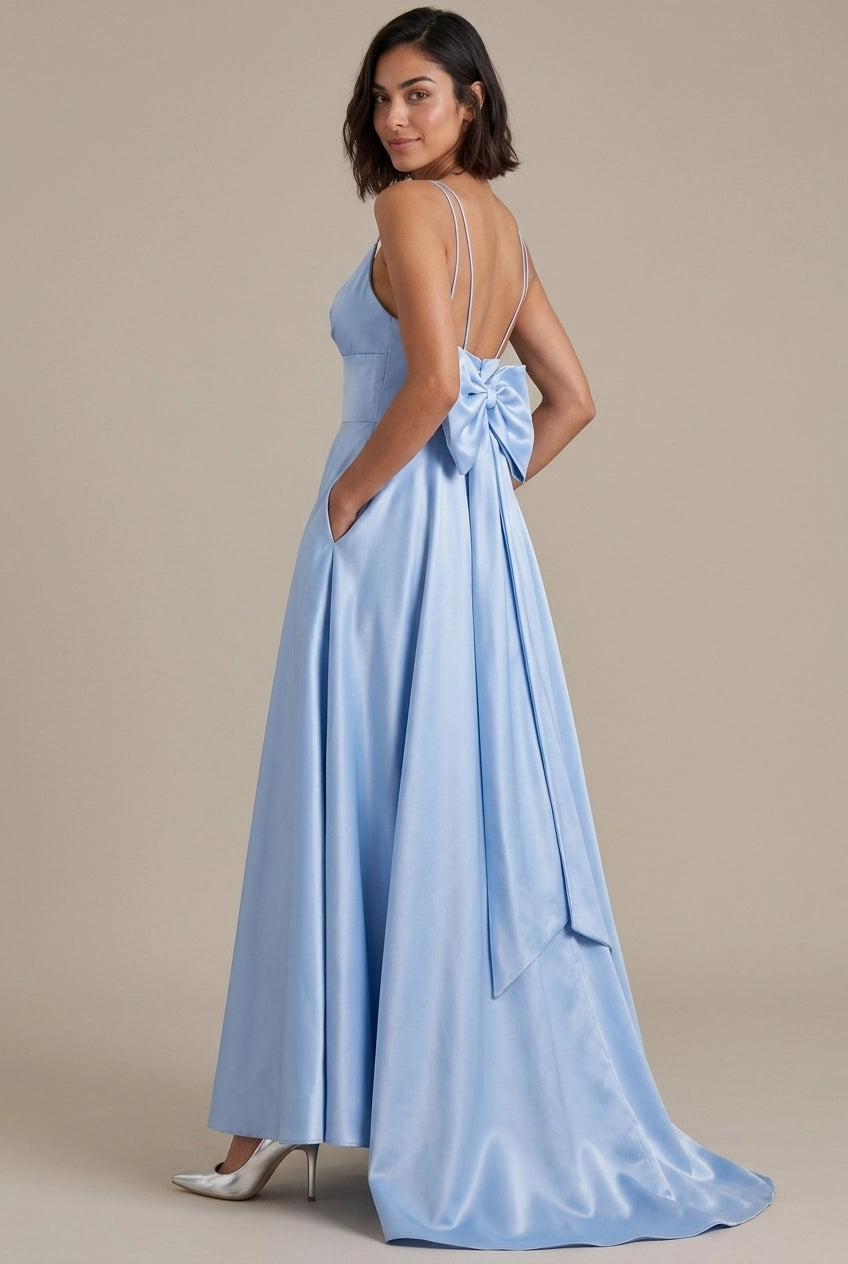 Elegant A-Line Sweetheart Ruched Bow Light Blue Floor-Length Prom Dress With Pockets