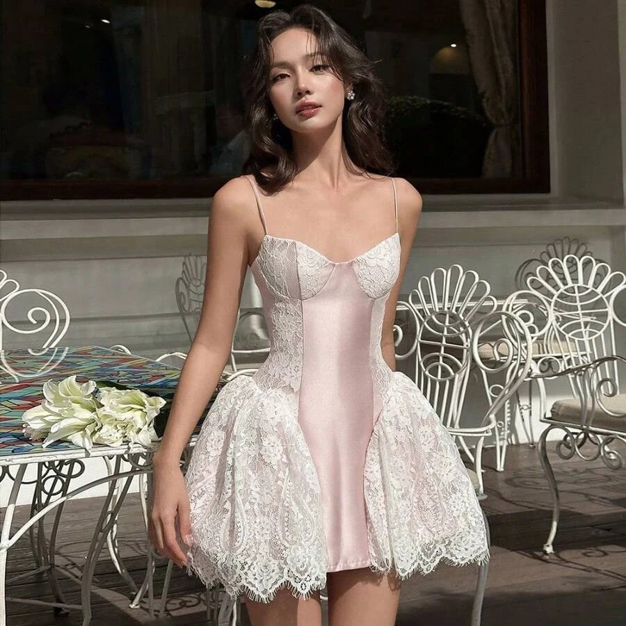 Elegant A-Line Sweetheart Spaghetti Straps Lace Satin Blush Pink Mini Homecoming Dress